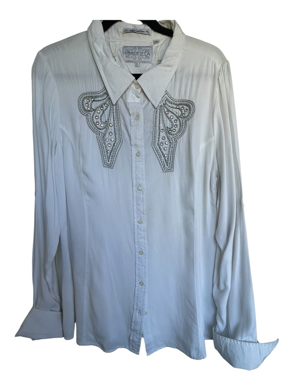Grace in LA Western Cowgirl White Beaded Rhinestone Button Down Blouse Size L